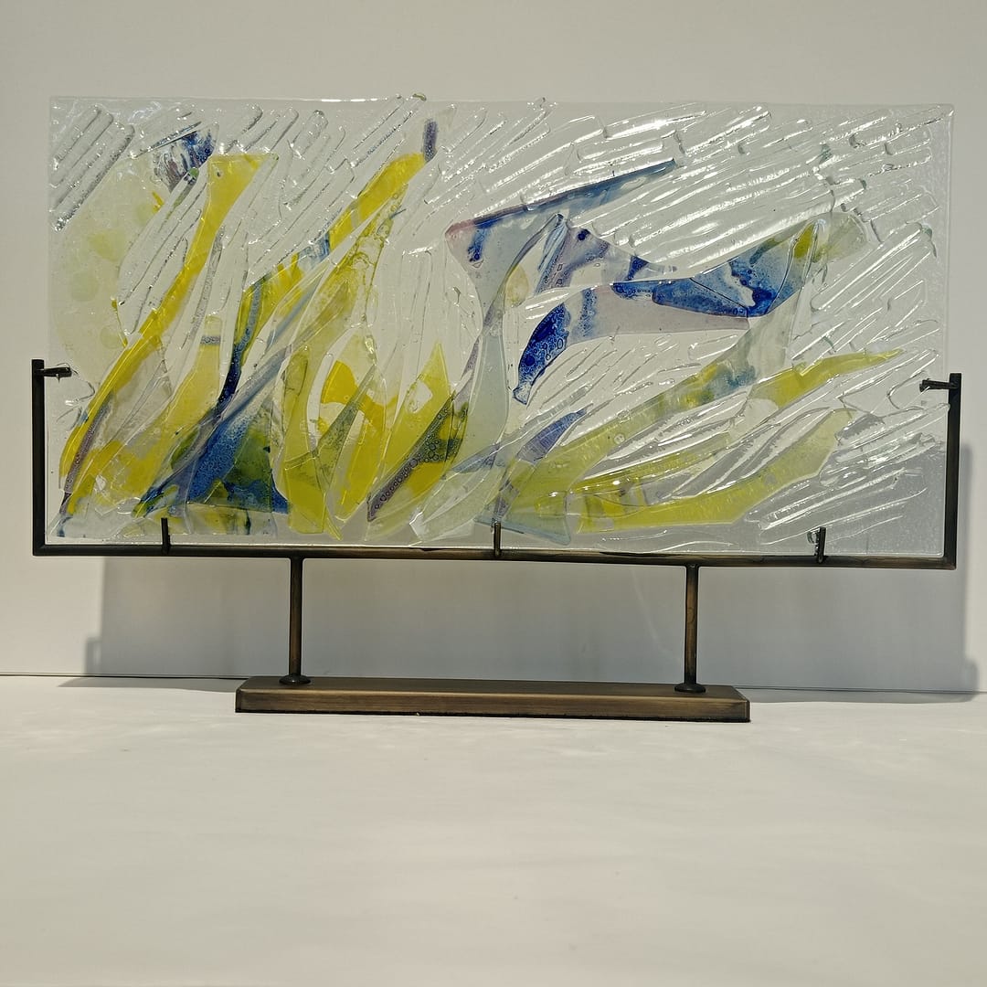 Handmade Fused Glass Sculpture Under Water Depiction with Brass Base by Gamze Haberal