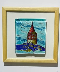 blue red galata tower view glass painting wooden framed